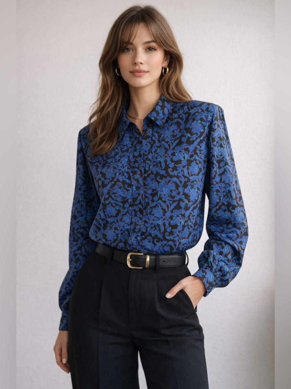 Vintage Pendleton Blue and Black Patterned Women's Blouse with shoulder pads